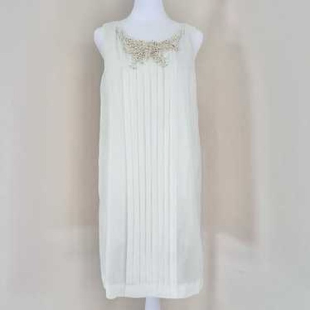 BCBGeneration Cream Midi Dress with Embellished Neckline